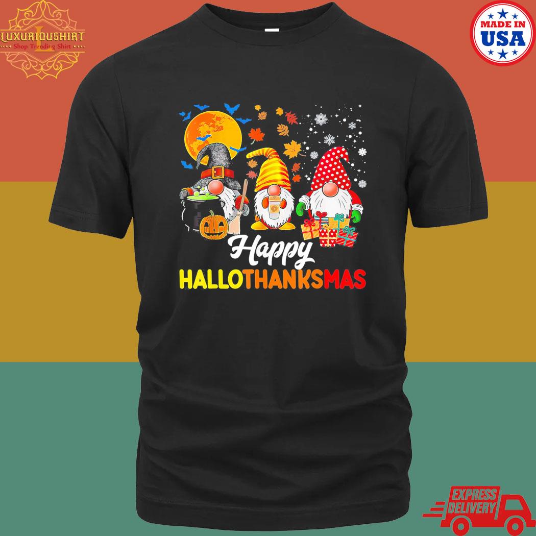Official Happy hallothanksmas gnomes halloween thanksgiving Christmas T-shirt