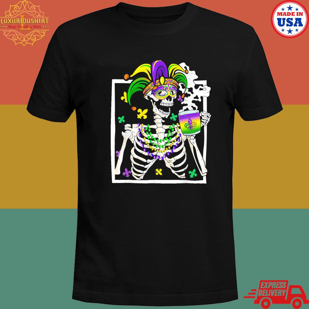 Official MardI gras skeleton with smiling skull drinking coffee latte T-shirt