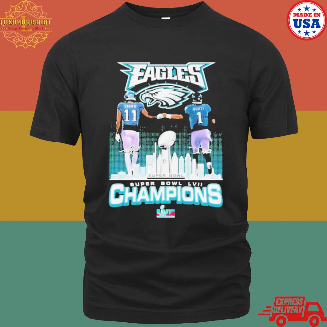 Philadelphia Eagles Skyline, A J Brown And Jalen Hurts Super Bowl Lvii Champions Signatures Shirt