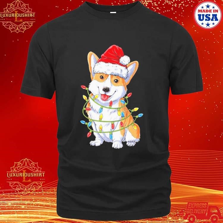 Official Cute Corgi Wearing Santa Hat And Light Merry Christmas 2023 T-shirt