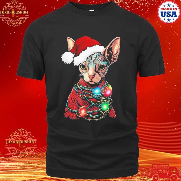 Official Cute Sphynx Cat Wearing Santa Claus Clothing With Light Christmas T-shirt