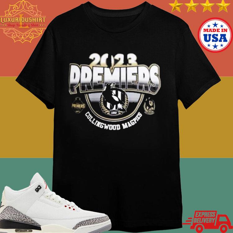 Official 2023 Premiers Collingwood Magpies Champions Logo T-shirt