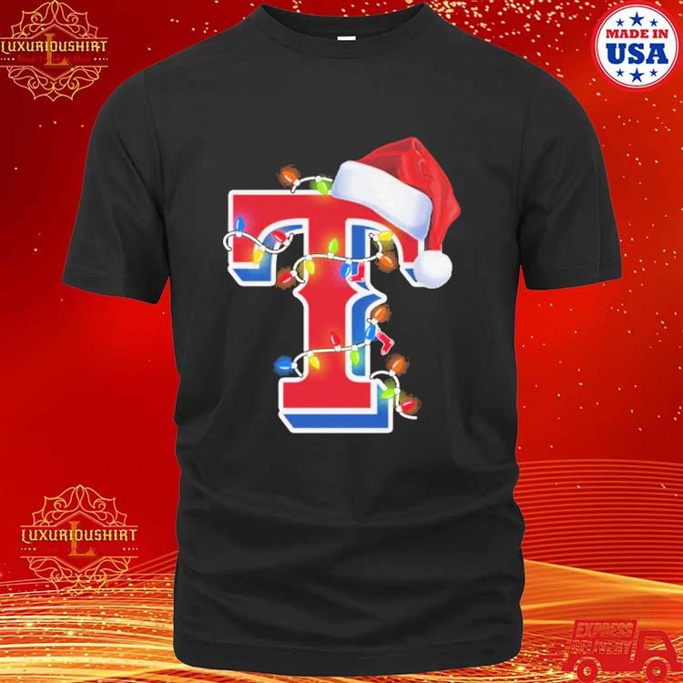 Official Christmas Texas Rangers Logo With Santas Hat And Christmas Light T-shirt