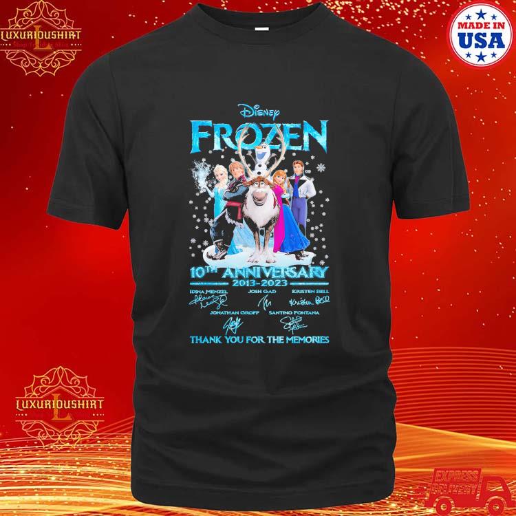 Official Disney Frozen Main Characters Images 10th Anniversary 2013-2023 Name Of Member Signatures Thank You For The Memories Christmas T-shirt