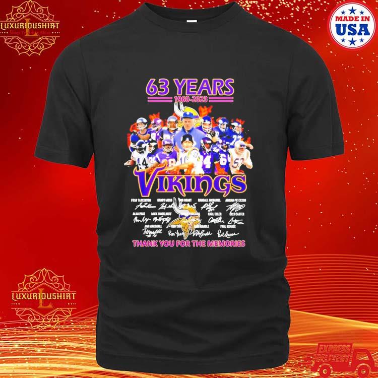 Official minnesota Vikings Football Team Fire Images 63 Years 1960-2023 Name Of Members Signatures Thank You For The Memories T-shirt