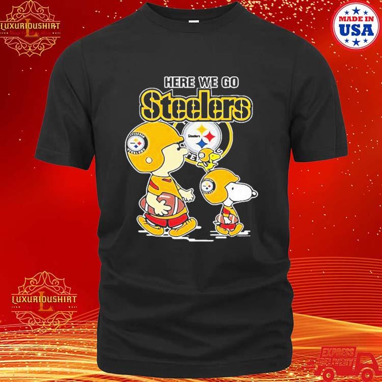 Official Nfl Pittsburgh Steelers Here We Go Steelers Charlie Brown Snoopy And Woodstock T-shirt