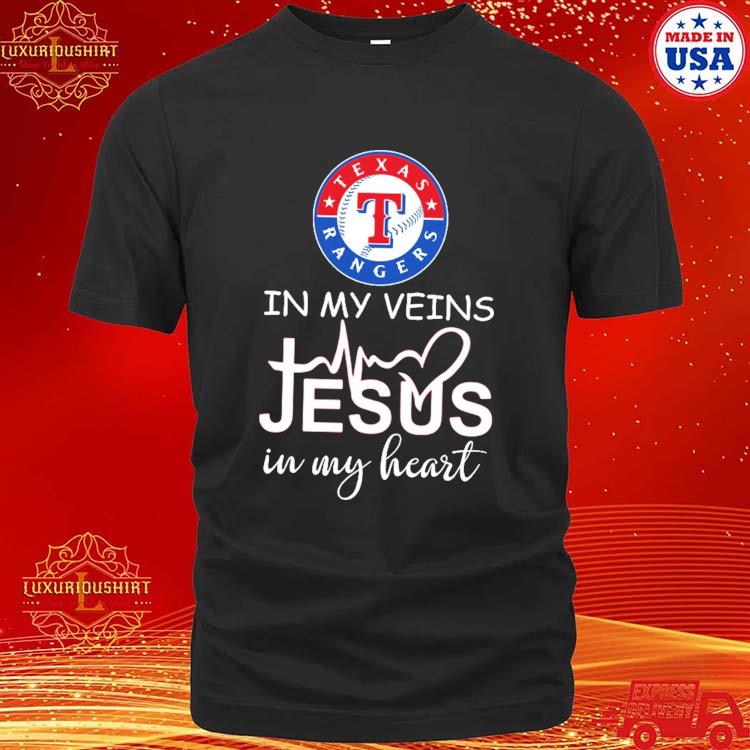 Official Texas Rangers Logo In My Veins Jesus In My Heart 2023 World Series Champions T-shirt