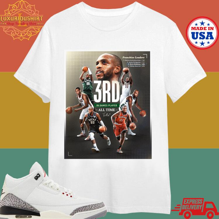 Official Franchise Leaders Giannis Antetokounmpo Junior Bridgeman Khris Middleton Sidney Moncrief 3rd In Games Played All Time T-shirt