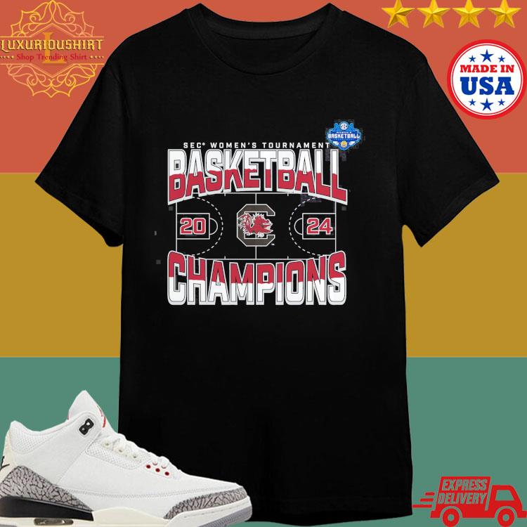 Official South Carolina Gamecocks 2024 Sec Women's Basketball Conference Tournament Champions Three Pointer Shirt